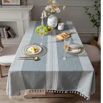 Летающий Кот Кофейная Полосатая Вязаная Жаккардовая Прямоугольная Скатерть Бежевая Бахрома 100*140(460g)