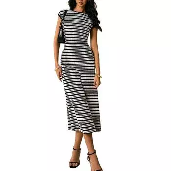Летне-осеннее женское сексуальное черное полосатое вязаное платье макси А-силуэта с круглым вырезом без рукавов, повседневное облегающее длинное платье, женственное элегантное платье S