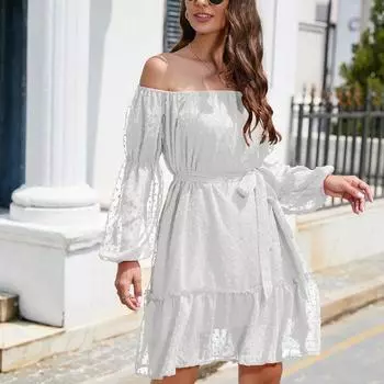 Летнее эластичное платье-фонарик с длинным рукавом, белое платье с подкладкой и поясом, повседневное сексуальное платье с открытыми плечами 26500 S небесно-голубой