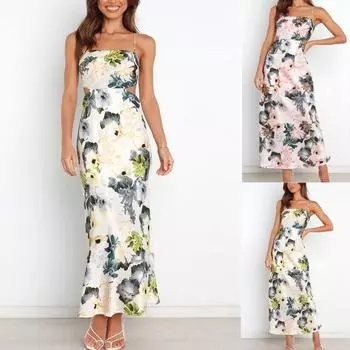 Летнее элегантное атласное платье на шнуровке с цветочным принтом для женщин, сексуальное тонкое женское платье без рукавов, модные бретели Sukienki 26157 S красный