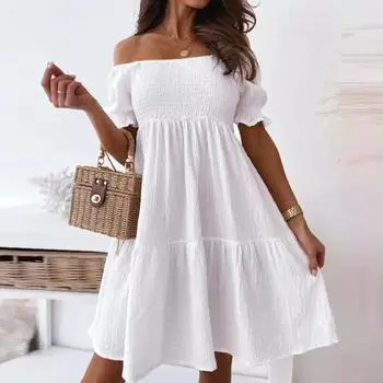Летнее элегантное белое платье с открытыми плечами, новые женские милые платья трапециевидной формы с короткими рукавами для торжественных случаев, плиссированные вечерние платья трапециевидной формы S белый