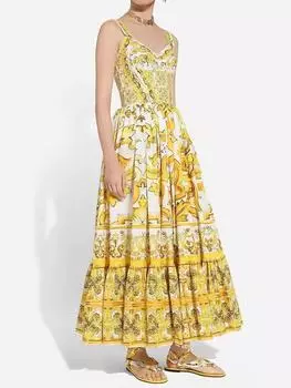 Летнее элегантное длинное платье на тонких бретельках, женское сексуальное платье с принтом и V-образным вырезом, фарфоровое желтое платье, модное шикарное вечернее платье для отпуска S жёлтый