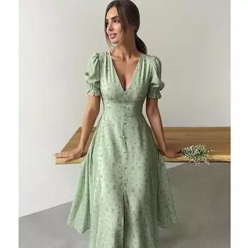 Летнее элегантное длинное платье с v-образным вырезом и цветочным принтом, женское офисное платье с рукавами-фонариками и пуговицами, модный тонкий халат Femme 26226 S орион