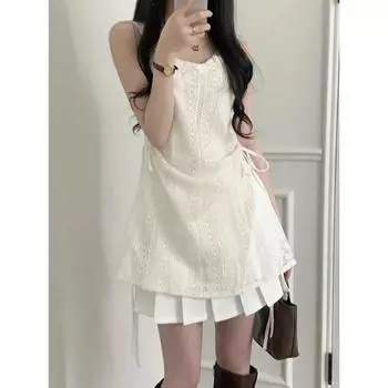 Летнее элегантное новое цельное платье, женское шикарное французское кружевное платье на бретельках, комплектная женская корейская модная внутренняя одежда, короткое платье S абрикосовый