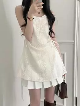 Летнее элегантное новое цельное платье, женское шикарное французское кружевное платье на бретельках, комплектная женская корейская модная внутренняя одежда, короткое платье XS бежевый