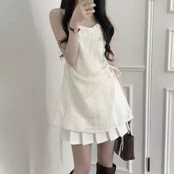 Летнее элегантное новое цельное платье, женская шикарная рубашка с французским кружевом на бретельках, сложенная женская корейская мода, внутренняя одежда, короткие платья S бежевый