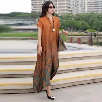 Летнее элегантное платье больших размеров для мам, стильное и стильное, длинное платье для уменьшения возраста, повседневное и модное L зелёный