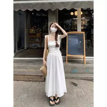 Летнее элегантное платье миди, корейская одежда, с коротким рукавом, пляжный стиль, сарафан, вечерние, даже офисные, женские, сексуальное, корсетное платье, женское S белый