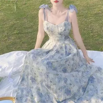 Летнее элегантное платье миди на бретельках с цветочным принтом, женское винтажное милое платье принцессы с принтом в стиле бохо, стильное праздничное платье феи S синий