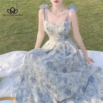 Летнее элегантное платье миди на бретельках с цветочным принтом, женское винтажное милое платье принцессы с принтом в стиле бохо, стильное праздничное платье феи S