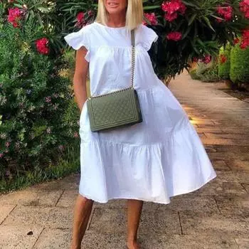 Летнее элегантное платье миди с круглым вырезом и рукавами-крылышками, вечернее платье с рюшами и подолом, однотонное платье большого размера XL светло-синий