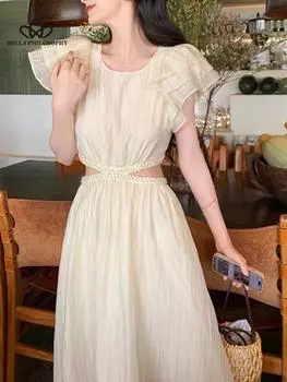Летнее элегантное платье миди с вырезом, винтажное женское цельное платье с оборками, праздничное пляжное вечернее платье, женская одежда S бежевый