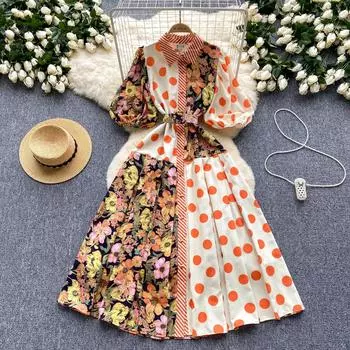 Летнее элегантное платье миди в стиле пэчворк для женщин, с лацканами 3/4, рукавом волнистая, с заостренной грудью, женское дизайнерское платье, новинка 2024 года, шикарное One Size бежевый