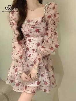 Летнее элегантное платье с цветочным принтом, женская кружевная одежда Kawaii, мини-платье Y2k, женское вечернее пляжное платье, цельное платье в корейском стиле S розовый