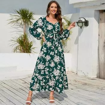 Летнее элегантное платье с цветочным принтом, женское платье трапециевидной формы с V-образным вырезом, тонкие повседневные платья с рукавами-фонариками, женское длинное платье с высокой талией на шнуровке, леди 24330 S красный