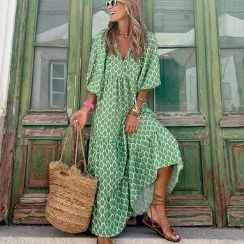 Летнее элегантное платье с геометрическим принтом, модное праздничное повседневное платье больших размеров с пышными рукавами, длинное платье, женское свободное пляжное платье большого размера 20950 S вино красного