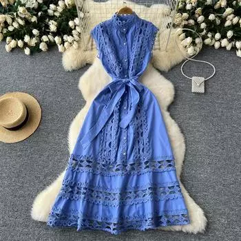 Летнее элегантное платье-стойка с кружевной вышивкой и воротником-стойкой, женское платье без рукавов для вечеринок M синий