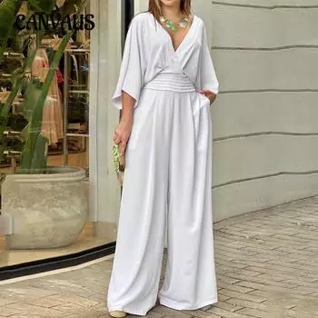Летнее элегантное платье, женская мода, однотонный повседневный комбинезон с короткими рукавами и v-образным вырезом S белый