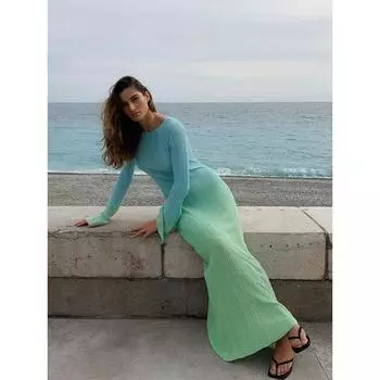 Летнее элегантное плиссированное платье с градиентом и расклешенным воротником с длинным рукавом и круглым вырезом, женские эластичные платья с длинными рукавами, женская праздничная пляжная одежда, платье S