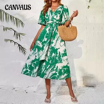 Летнее элегантное романтическое платье с длинными расклешенными рукавами и v-образным вырезом с рюшами и принтом, длинное платье S зелёный