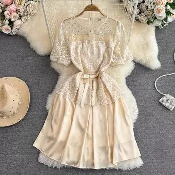Летнее элегантное роскошное кружевное сетчатое платье с объемными рукавами и бисером, лоскутное атласное платье, женские вечерние платья с галстуком-бабочкой и бриллиантами для ногтей S бежевый