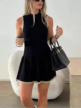 Летнее элегантное сексуальное вязаное мини-платье женское ретро Y2k плиссированные пляжные платья без рукавов модная шикарная тонкая эластичная уличная одежда S белый