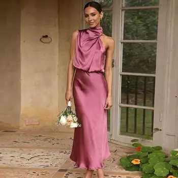 Летнее элегантное сексуальное женское платье с бретелькой на бретельках, модное атласное вечернее платье без рукавов 2023, женское платье миди с высокой талией 25013