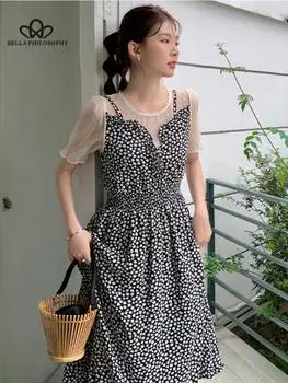 Летнее элегантное шифоновое платье во французском стиле с цветочным шитьем. Женское повседневное элегантное пляжное платье с принтом. S чёрный