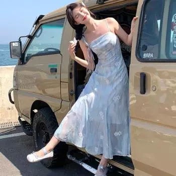 Летнее элегантное синее шифоновое платье миди женское пляжное повседневное цельное платье с вышивкой и цветочным принтом корейская мода вечерняя вечеринка винтажное XS светло-синий