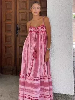 Летнее элегантное свободное платье без рукавов на бретельках для женщин, дизайнерское винтажное платье с открытыми плечами, платья с принтом для женщин, повседневная одежда из тонкого трикотажа XS розовый