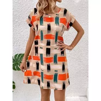 Летнее элегантное винтажное свободное женское платье с принтом, повседневное, с рукавами «летучая мышь», круглым вырезом, облегающее короткое платье, женское модное простое офисное женское платье 25915 XS оранжевый