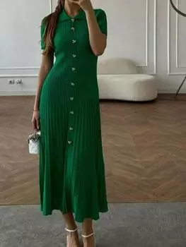 Летнее элегантное зеленое вязаное длинное платье, женское винтажное эластичное тонкое платье с коротким рукавом, модное однобортное тонкое офисное женское платье S зелёный