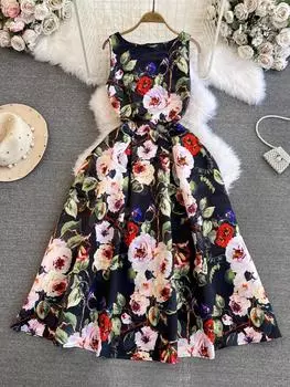 Летнее элегантное жаккардовое платье миди с цветочным принтом для женщин, без рукавов, пляжный сарафан трапециевидной формы, вечерние платья, женская цельная одежда S