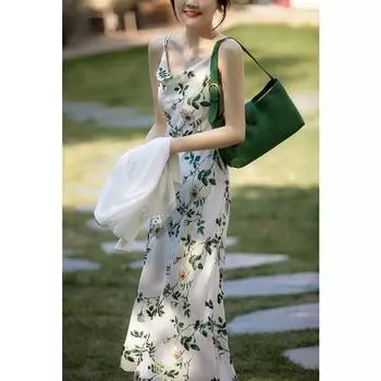 Летнее элегантное женское длинное платье с v-образным вырезом и принтом на тонких бретельках XL