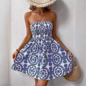 Летнее элегантное женское модное платье без бретелек с синим принтом S синий