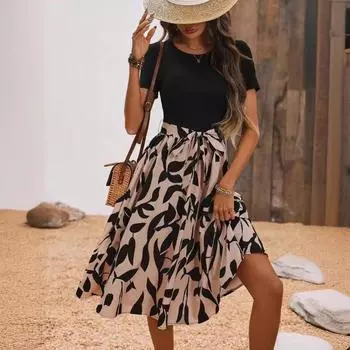 Летнее элегантное женское платье с короткими рукавами и принтом в стиле пэчворк S чёрный