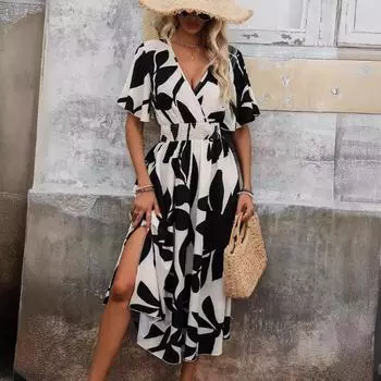 Летнее элегантное женское платье с перекрестным воротом и поясом, цветочным принтом и разрезом S абрикосовый