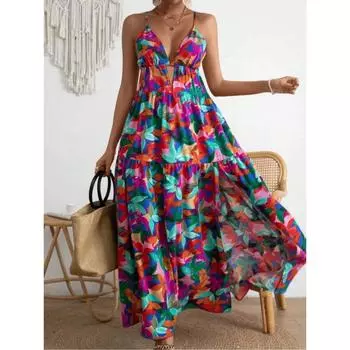 Летнее элегантное женское платье с V-образным вырезом и открытой спиной, модное повседневное платье без рукавов с цветочным принтом, свободное женское винтажное платье А-силуэта для отпуска, сексуальное платье 2653 S
