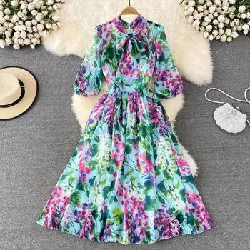 Летнее элитное легкое роскошное шифоновое платье трапециевидной формы с пышными рукавами и галстуком-бабочкой