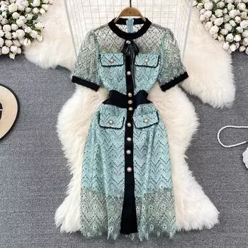 Летнее элитное легкое роскошное темпераментное однобортное кружевное платье трапециевидной формы с круглым вырезом и талией