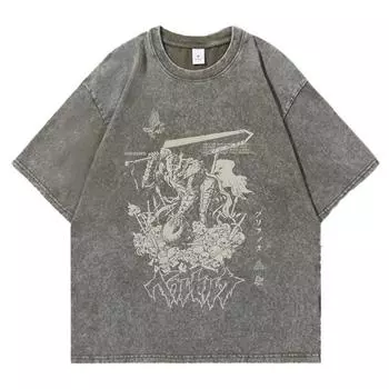 Летнее аниме Berserk Выстиранные футболки Ретро Панк Хлопок Винтажные футболки Харадзюку Повседневные Женские Мужские Футболка с коротким рукавом Топ S