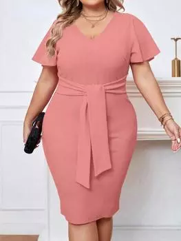 Летнее эстетичное платье со шнуровкой и V-образным вырезом, женская мода, повседневные платья большого размера с короткими рукавами, женские элегантные винтажные тонкие однотонные короткая юбка A Word L розовый