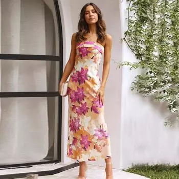 Летнее атласное платье с открытой спиной и бретелек, сексуальное вечернее платье для женщин, элегантное, без рукавов, облегающее, повседневное, женское, модное, с высокой талией, цветочное платье 24775 S армия зеленый