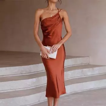 Летнее атласное сексуальное платье на шнуровке с открытой спиной, женское тонкое плиссированное тонкое вечернее платье, женское элегантное однотонное повседневное платье миди, халаты 25548 S коричневый