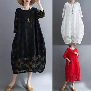 Летнее этническое кружевное винтажное свободное платье для женщин с принтом, однотонным круглым вырезом, карманом в стиле пэчворк, с длинными рукавами, повседневные универсальные платья L красный