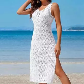 Летнее ажурное трикотажное пляжное платье для женщин, сексуальное платье-камиль без рукавов с V-образным вырезом, платье-накидка в стиле бохо, летний пляжный сарафан для вечеринок белый