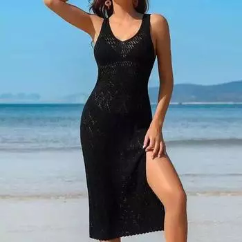 Летнее ажурное трикотажное пляжное платье для женщин, сексуальное платье-камиль без рукавов с V-образным вырезом, платье-накидка в стиле бохо, летний пляжный сарафан для вечеринок белый