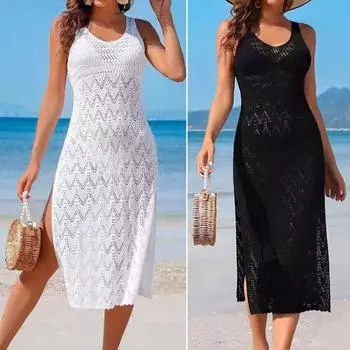 Летнее ажурное трикотажное пляжное платье для женщин, сексуальное платье-камиль без рукавов с V-образным вырезом, платье-накидка в стиле бохо, летний пляжный сарафан для вечеринок белый