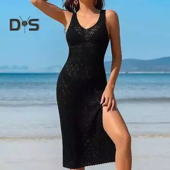 Летнее ажурное трикотажное пляжное платье для женщин, сексуальное платье-камиль без рукавов с V-образным вырезом, платье-накидка в стиле бохо, летний пляжный сарафан для вечеринок белый
