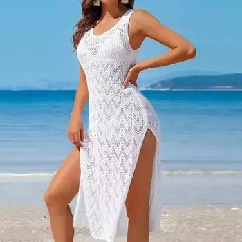 Летнее ажурное трикотажное пляжное платье Yousheng для женщин, сексуальное платье-камиль без рукавов с V-образным вырезом, платье-накидка в стиле бохо, летний пляжный сарафан для вечеринки белый